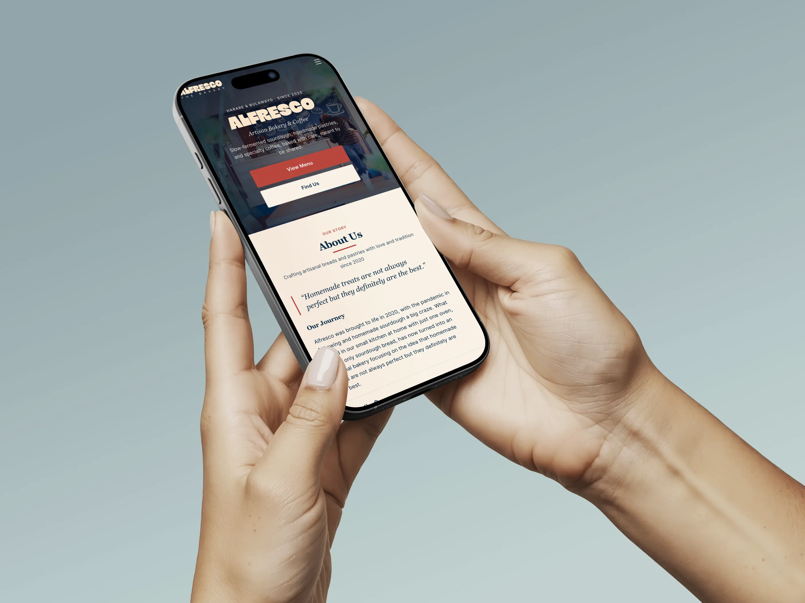 Alfresco The Bakery homepage on a phone
