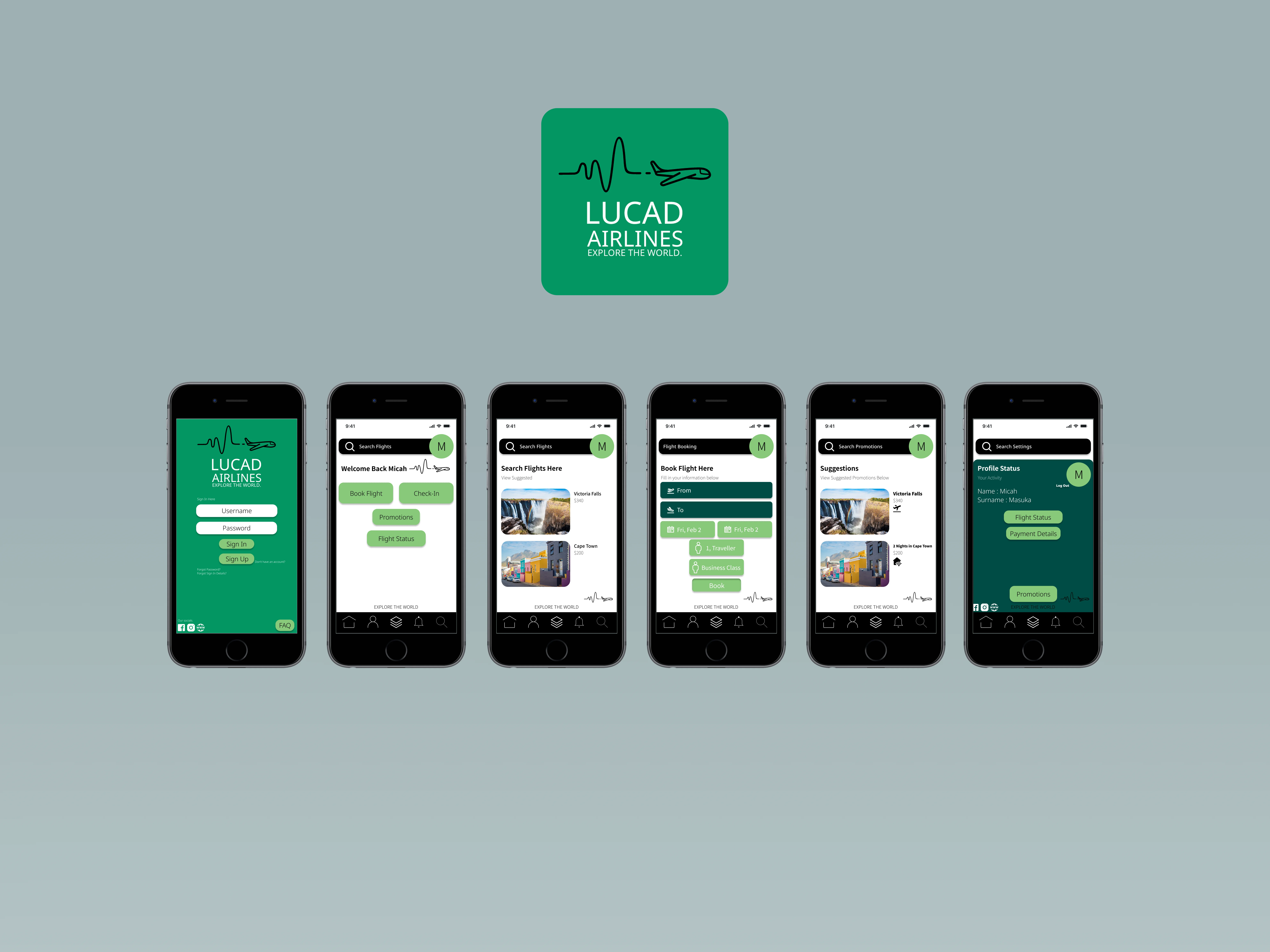 LUCAD Airlines mobile flight booking app screens
